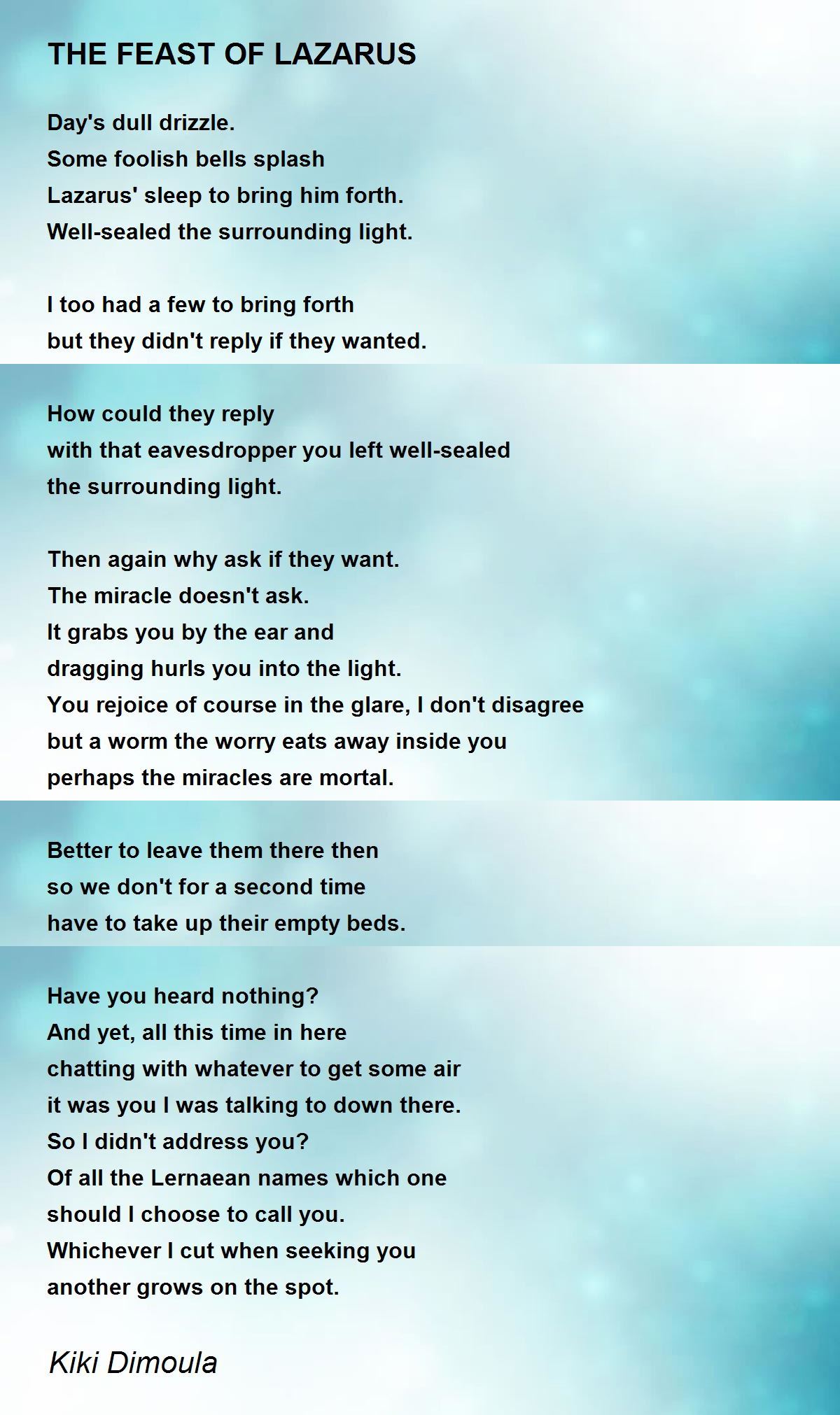 THE FEAST OF LAZARUS Poem by Kiki Dimoula - Poem Hunter