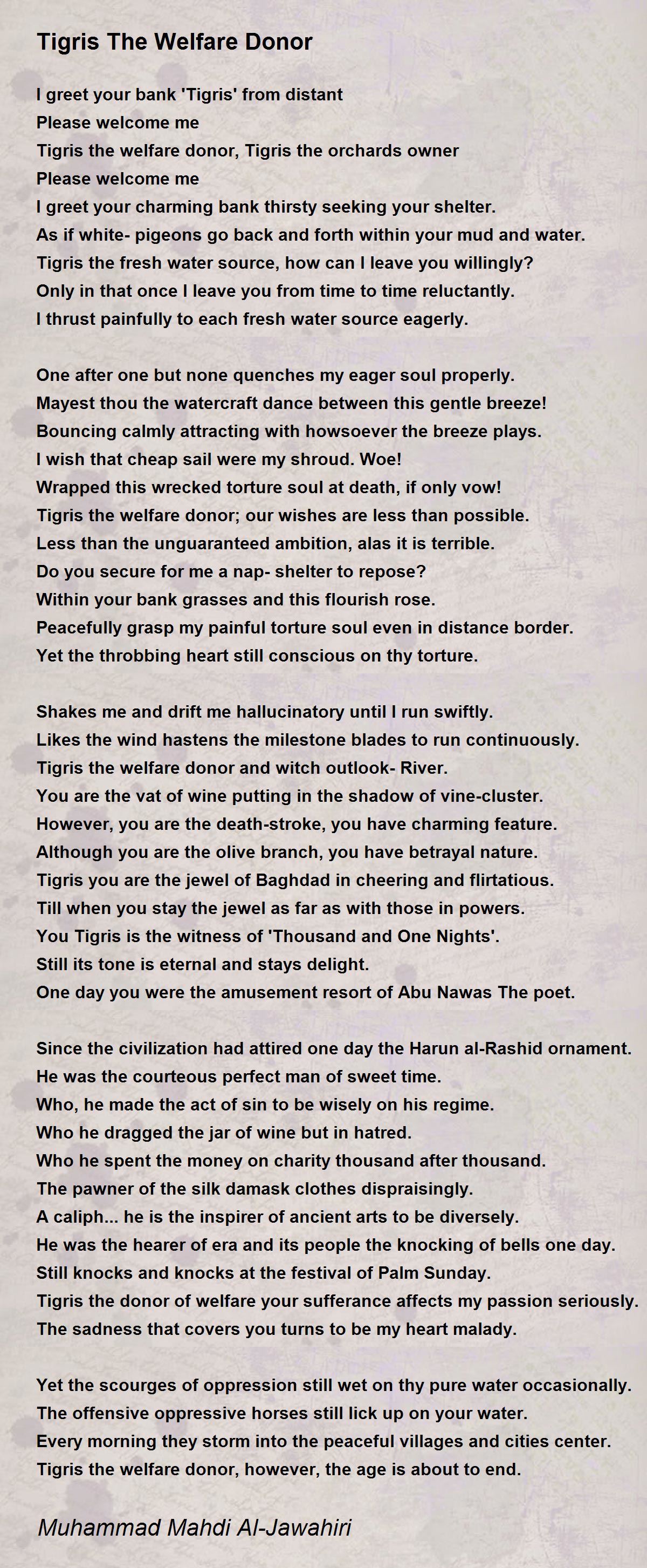 Tigris The Welfare Donor Tigris The Welfare Donor Poem by Muhammad